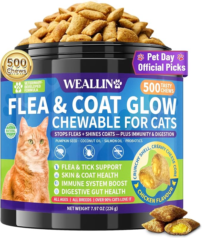 Flea and Tick Prevention for Cats - 500 Crunchy & Creamy Chews, Cat Flea Treatment with Skin & Coat Support, Oral Natural Flea Chewables for Gut & Immunity Support for All Breeds & Ages Chicken Flavor