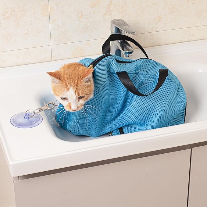 Medium 6-12 lbs Blue Cat Bathing Bag - Double Fix with Suction Cups & Adhesive Fasteners, Anti-Escape & Scratch-Resistant, Breathable & Easy to Clean, for Bathing, Nail Trimming & Travel