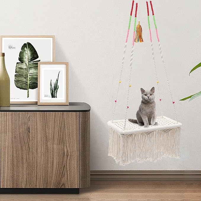 Hanging Cat Swing Bed Macrame Decorative Pet Hammock Bohemian Style Indoor Hanging Cat House Kitten Sleeping Furniture