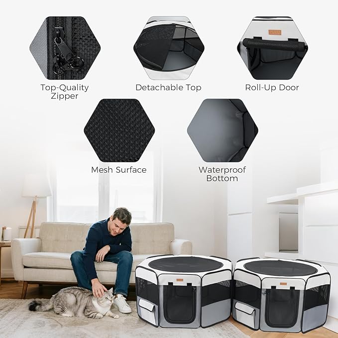 Lekereise 2-in-1 Large Cat Playpen, 65" * 19.7"in Portable Pet Playpen, Dog Playpen Indoor Outdoor for Cats, Puppies, Detachable into 2 Separate Playpens, with a Carry Bag