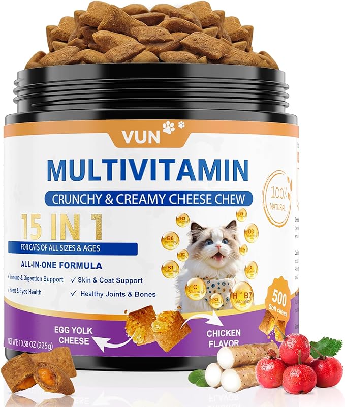 Cat Vitamins Crunchy&Creamy Chews-15 in 1 Cat Multivitamin Treat,Taurine for Cats Immune,Digestive,Skin&Coat,Joint,Heart & Brain with Fish Oil,DL-Methionine,Probiotics of All Breeds Ages,500 Counts