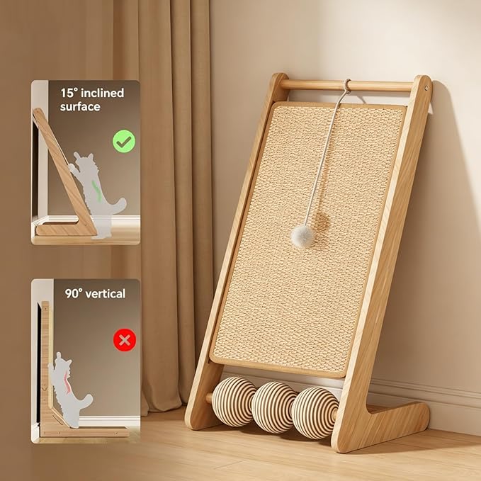 Sisal Cat Scratching Board, 23" Scratching Ramp for Indoor Kitty, L-Shaped Wooden Cat Furniture with Hanging Ball, Multi-Functional Cat Toy, Meets Scratching, Tapping & Pouncing Needs