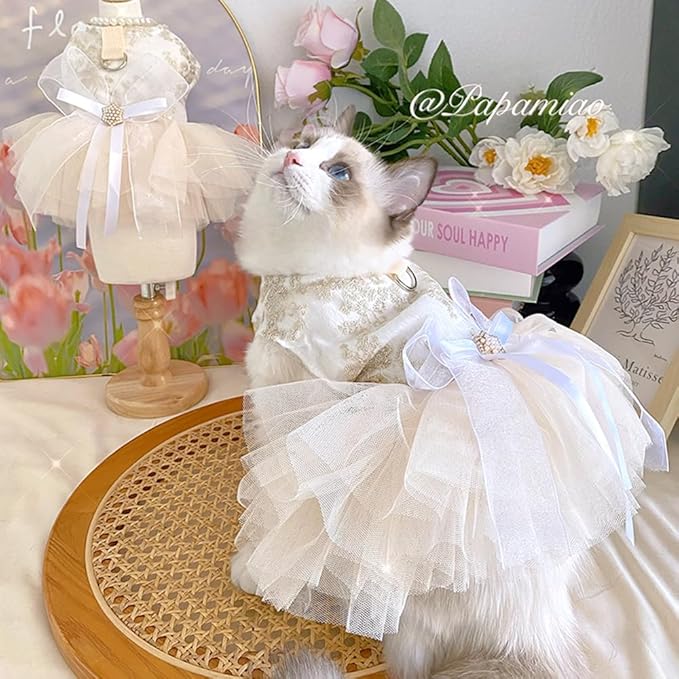 ANIAC Embroidered Dog Dress for Small Dog,Girl Puppy Princess Tutu Dress with Leash Ring,Cat Apparel,Chihuahua Yorkie Clothes for Birthday Wedding (X-Small, Champagne)