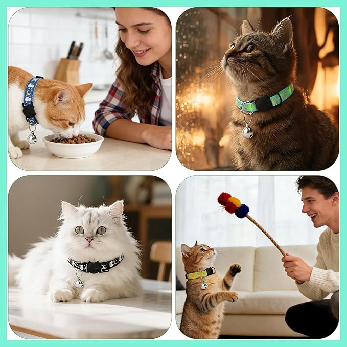 6PCS Breakaway Cat Collars with Bell, Glow in The Dark Adjustable Kitten Collars with Star Moon Pendant, 6 Color Cute Kitty Collars for Girl Boy Cats Pet Accessories