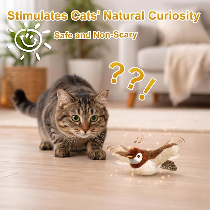 Flapping Bird Cat Toy, No Flying, Flapping & Chirping Wings Sparrow with Catnip, Rechargeable Touch Activated for Cats, Kitten or Small Dogs to Interact & Play