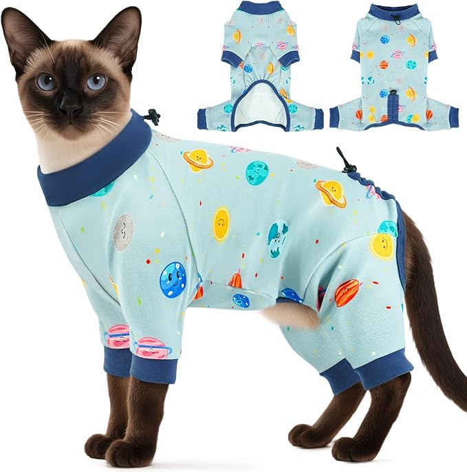 DENTRUN Cat Clothes for Hair Control with Hair Sticky Fabric - Soft Recovery Suit & Breathable Lint-Resistant Cat Sweater for Cats Only, Kitten Onesie Pajamas, XL, Deep Blue