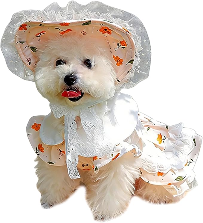 2 Pcs Pet Floral Dress and Lace Sunhat, Summer Skirt with Laces for Dog, Cute Bowknot Dresses for Cat, for Birthday Party and Outdoor Travel (Orange, X-Large)
