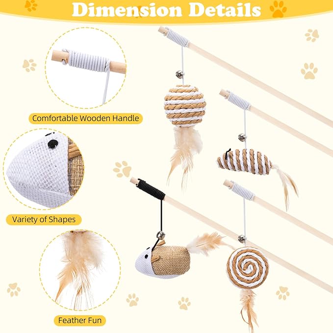 Leitee 20pcs Cat Interactive Toys Set Wooden Cats Teaser Wand Toy with Feather Handle Chew Rope Mouse Sisal Balls with Bells for Indoor Kitten Play Chase Exercise (Wooden Cat Wands Toys)