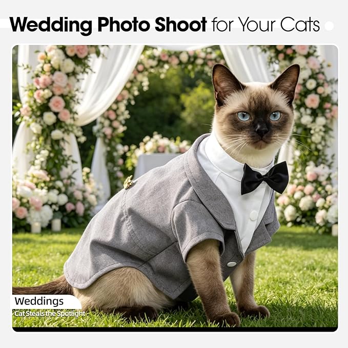 QBLEEV Cat Tuxedo Outfit, Formal Cat Suit Costume with Bow Tie, Sphynx Hairless Clothes for Cats Only, Kitten Wedding Birthday Party Attire Apparel for Male Boy, Cute Small Pet Gentleman Formal Wear