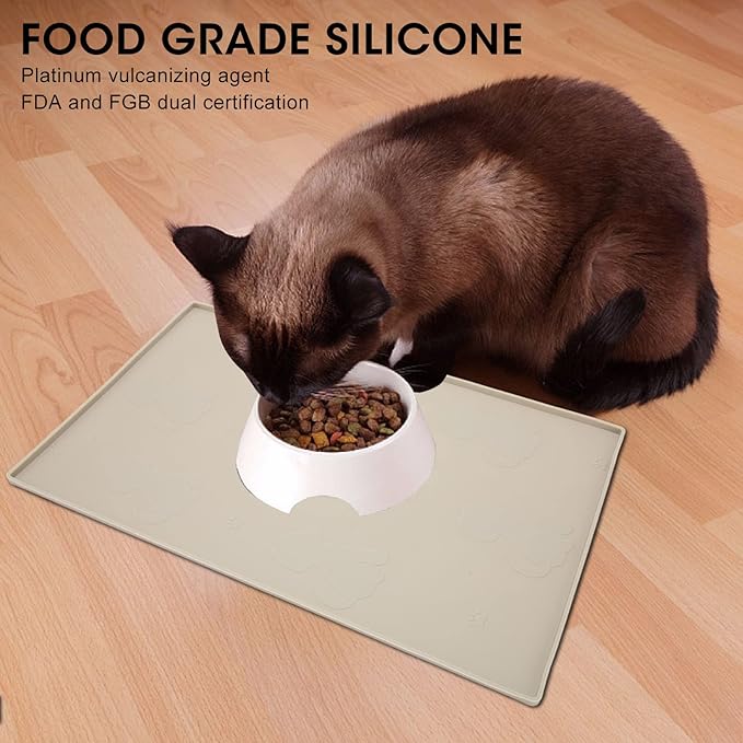 Dog Feeding Mat, Waterproofed Cat Food Mats, Anti Slip Silicone Cat Dog Food Mat for Messy Drinkers to Protect Floors (Beige)