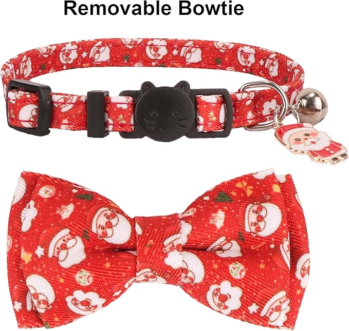 PTDECOR Christmas Cat Collars with Bow Tie Bell, 2 Pack Breakaway Kitten Collar with Removable Bowtie, Santa Box Collar for Cats Kittens