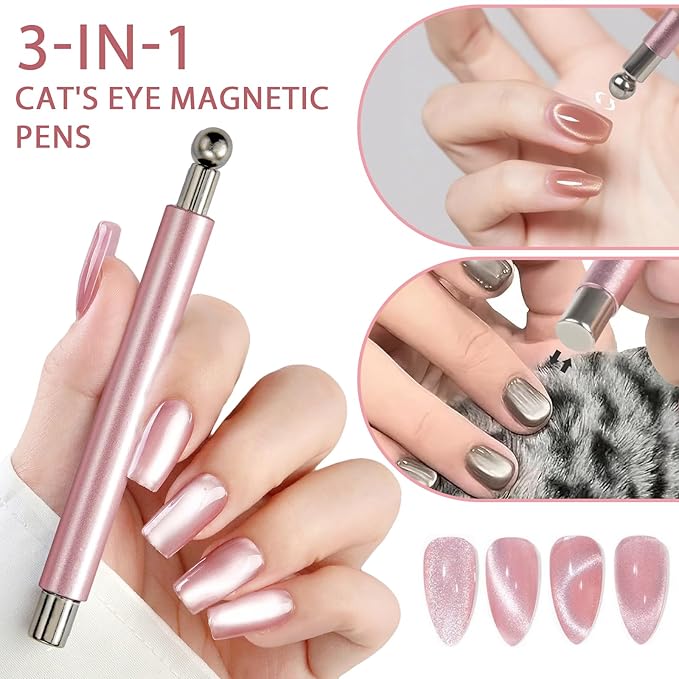 WOKOTO 2 PC Nail Magnets For Nail Art Designs Tools For Nails, 3 In 1 Cat Eye Magnets And Dual End Cylinder & Ball Magnet Pen For Cat Eye Magnetic Nails, Heart, Circle Designs Nail Polish Magnet Set