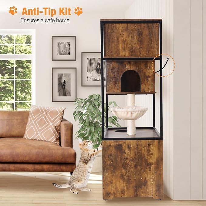 Cat Litter Box Enclosure,Hidden Litter Box Furniture with Metal Frame,Wooden Kitty House with Barn Door,Wooden Cat Washroom Furniture,Fit Most of Litter Box (Wood, M)