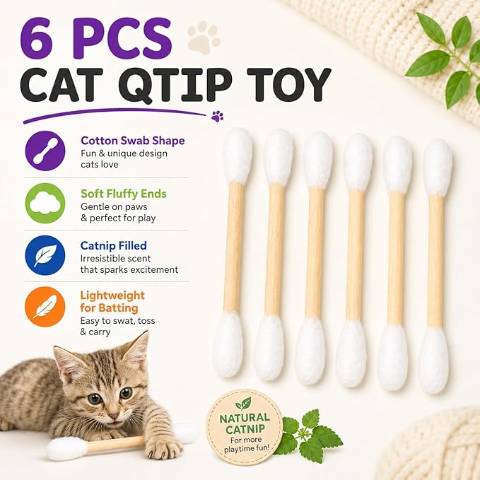 Cotton Swab Cat Toys with Catnip, 6 Pack Catnip Toys for Indoor Cats, Giant Kitty Kicker Plush Chew Sticks, Durable Felt Interactive Cat Toys for Kittens and Adult Cats (Beige)