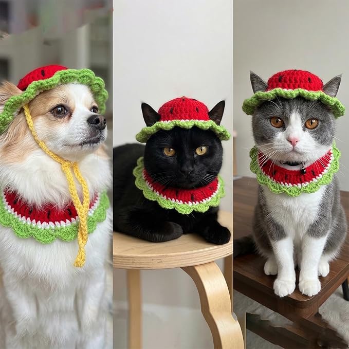 Handmade Crochet Watermelon Kitten Cat Hat Bowtie Collar | Cute Knitted Breakaway Cat Tie Collars Ideal for Birthdays, Pet Parties, Seasonal Celebrations (Red and Green)