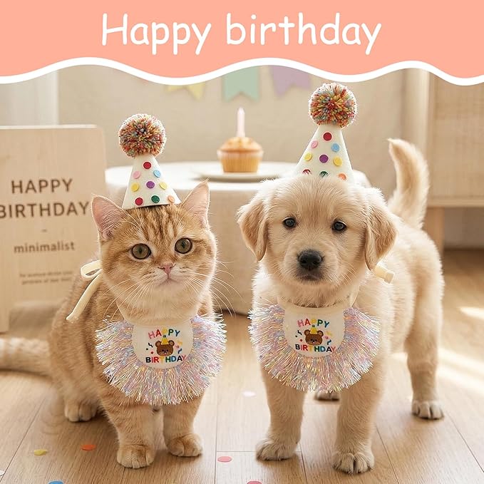 Xinjoduz Cat Birthday Hat and Bandana Scarf, Cat Birthday Outfit Party Hat Dog Costumes Cute Lace Puppy Tassels Bib Scarf Party Decorations Set for Small Medium Cats & Doggy