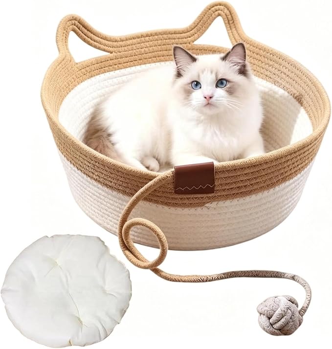 Handwoven Cotton Rope Interactive Cat Bed Basket, Foldable & Scratchable Nest with Toy Ball and Cushion, Stimulating Instinct Basket for Cats & Kittens, Silent Play Cat Basket Nest(Yellow,Medium)