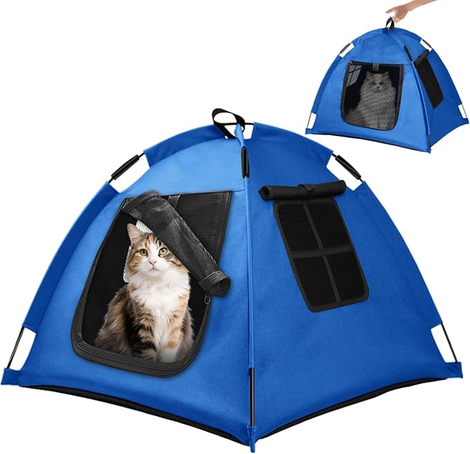 Portable Pet Tent with Full-Enclosure Zippered Mesh Door, Indoor & Outdoor Cat House for Safety & Ventilation, Cozy Nest for Cats, Puppies & Small Animals, Blue