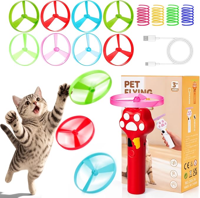 BABORUI Cat Toy Disc Launcher, Rechargeable Interactive Cat Fetch Toy Launcher with 8 Flying Discs, Flying Enrichment Toys for Indoor Bored Kittens & Adult Cats (Red)