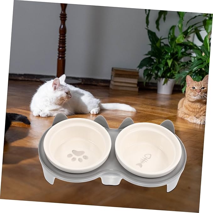 Ceramic Elevated Cat Bowl with Thick Gray Non-Slip Stand Angled Dual Feeding and Watering Bowls for Indoor Pets Smooth Surface Pet Feeding Accessory