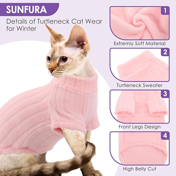 Sweaters for Cats, Hairless Sphynx Sweater Kitten Pullover with Sleeves, Warm and Soft Cat Pajamas Fleece Sweatshirt Jumpsuit, Turtleneck Clothes for Fall Winter, Pink S