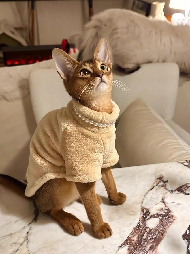 Sphynx Cat Clothes Winter Turtleneck Soft Coral Fleece Cat Clothes Thicken Warm Pajamas Coat for Hairless Cats and Small Cat Apparel with Sleeves (Apricot Yellow, M（3.8-6lbs）)