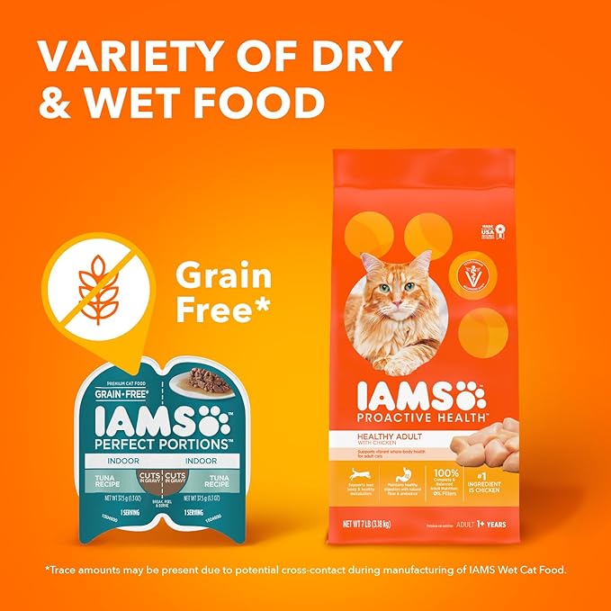 IAMS Perfect Portions Grain Free Wet Cat Food, Healthy Adult Cat Food Pate, Chicken, Tuna, and Salmon Recipes, (24) 2.6 oz. Variety Twin-Pack Trays
