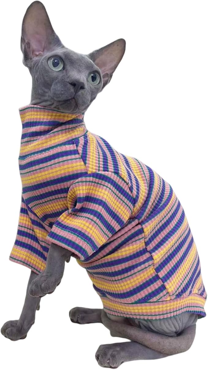 Turtle Neck Vintage Stripes Sphynx Hairless Cat Cotton T-Shirts Pet Clothes Vest Kitten Shirts Sleeveless, Cats & Small Dogs Apparel (Rose Garden, S (3.3-5 lbs))
