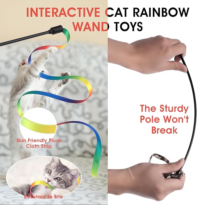 Amaxiu Cat Wand Toy Set, Interactive Cat Wand Toy with Rainbow Ribbon String, Leopard Print Cloth String for Small Cats Kittens Indoor Training Catcher (3 Packs)