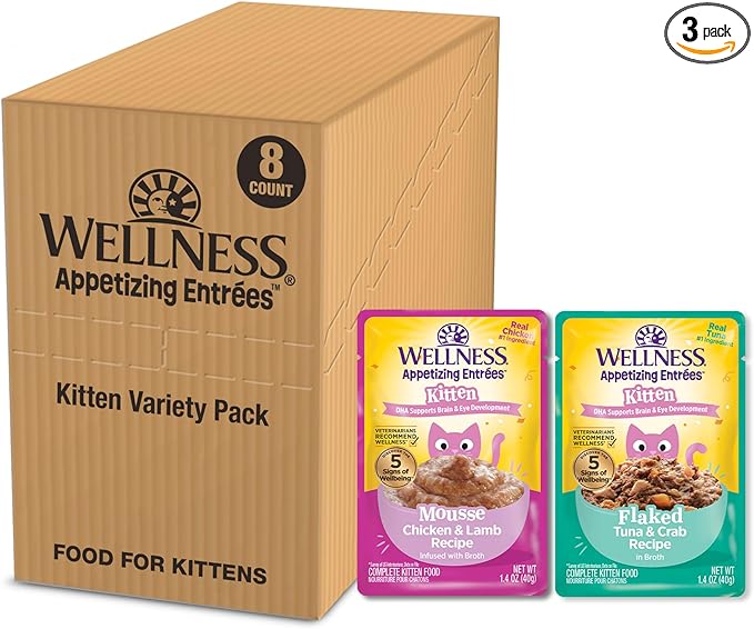 Wellness Appetizing Entrées Variety Pack Kitten Wet Cat Food, Natural, Protein Rich, Grain Free, 1.4 oz, Pack of 8 Pouches