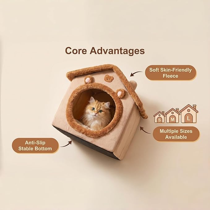 Cat Bed Cave, Cute Bear Shape Cat Beds for Indoor Cats, Pet House Cats Tent with Removable Cushion Pillow for Kittens Puppy Small Dogs (Brown-L, 20.4 * 16.9 * 19.6in)