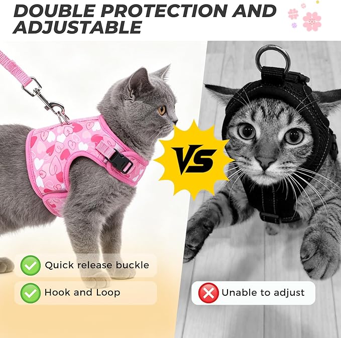 BINGPET Cat Harness and Leash Set Escape Proof for Walking,Step-in Harness with Lightweight Soft Breathable Mesh,Adjustable Easy Control Harness for Kitten Puppy Small Medium Large Cats(Heart,M)