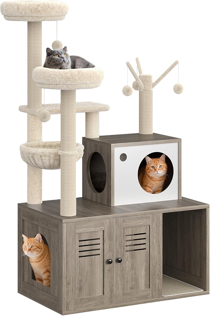 TrailBlaze Cat Tree with Litter Box Enclosure, Wooden Cat Condo with Platform, Hammock, Pompoms, Scratching Posts, All-in-One Cat Furniture for Indoor Kitten, 31.5" l x18.9 w x55.1 h(Grey)