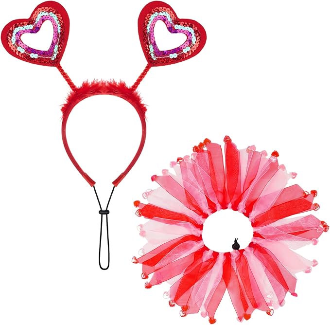 2 Pcs Valentines Day Pet Costumes - Small Dog & Cat Valentines Outfit (Collar and Headband), Red and Pink Themed Apparel for Small Pets