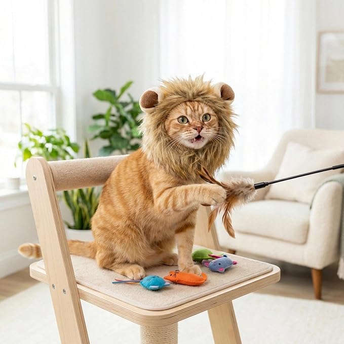 Adjustable Lion Mane Wig Pet Costume for Cats, Soft Halloween Cat Clothing with Secure Fit, Comfortable Polyester Feline Apparel for Parties, Fun Photo Sessions with Adorable Cat Costumes (Size M)