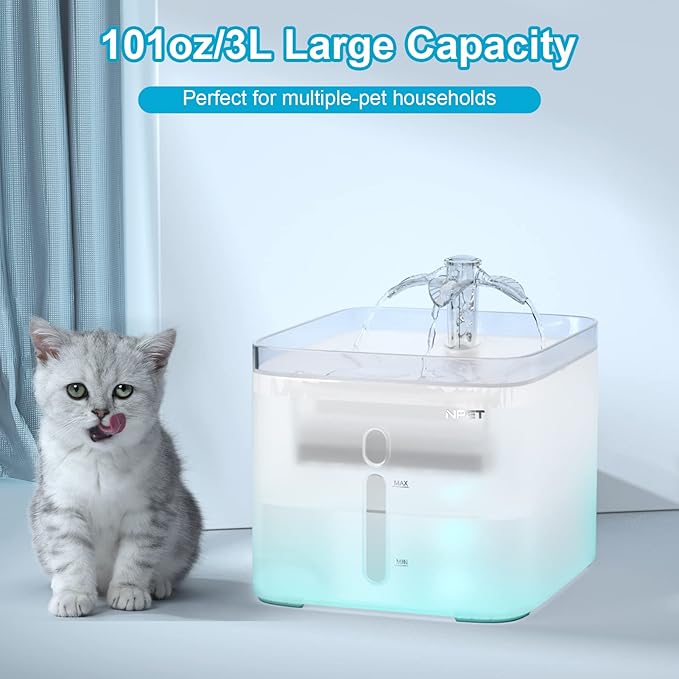 NPET Cat Water Fountain, 3L Automatic Pet Drinking Fountain Dog Water Dispenser with Quadruple-Action Filter (Semi-White, with an Adapter)