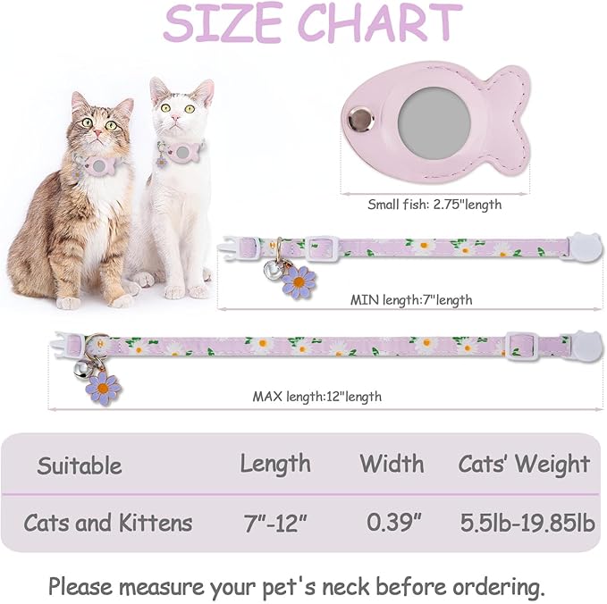 Cat Collar for Airtag, Breakaway GPS Tracker Kitten Collar with Airtag Holder and Bells for Girl Boy Cats Cute Personalized Cat Collar with Fish Adjustable Length (Purpul)