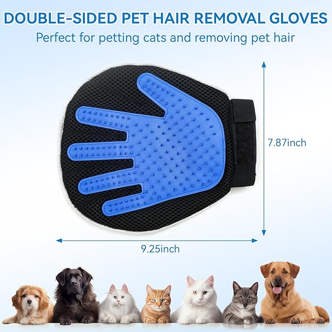 Pet Hair Removal Gloves Dual-Sided Electrostatic Hair Removal and Silicone Fur Gentle Deshedding Efficient Brush for Dog and Cat Reusable Pet Fur Grooming Glove for Couch, Clothing, Carpet, Car Seat