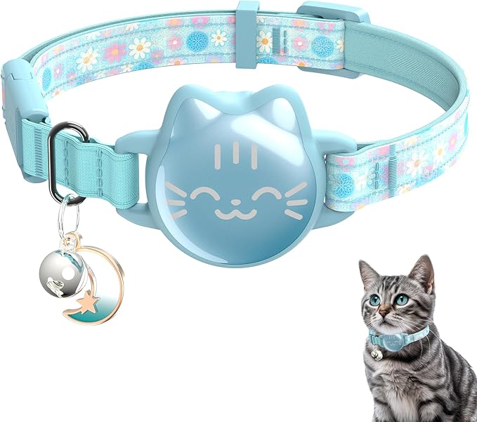 Waterproof Airtag 2nd & 1st Cat Collar, Breakaway Cat Airtag Collar with Luminous & Reflective Fish Pattern, Lightweight Kitten Collars for Apple Air tag, Hidden GPS Tracker Holder for Cats, Kittens