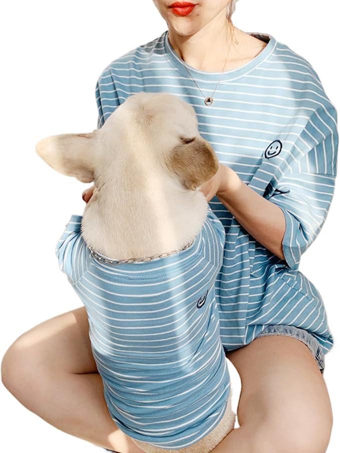 Matching Dog and Owner Clothes,Blue Striped Women Shirt Short Sleeve,Cotton Women Summer Shirt Crewneck,Casual Summer Tops Loose Fit(Owner L)