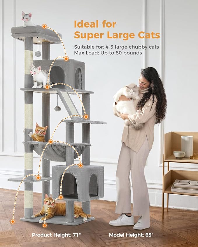 MUTTROS 71" Tall Cat Tree for Large Cat 20 lbs with Super Large Hammock, Heavy Duty Cat Tower with 4 Sisal Scratching Posts & 2 Spacious Condos for Big Adult Cats Maine Coon-Grey