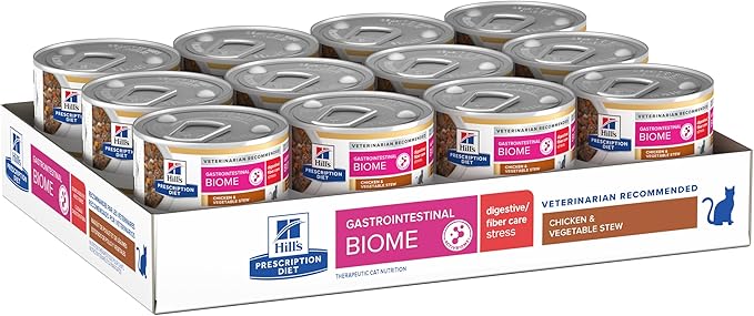Hill's Prescription Diet Gastrointestinal Biome Stress Digestive/Fiber Care Wet Cat Food, Chicken & Vegetable Stew, 2.9 oz. Cans, 24-Pack