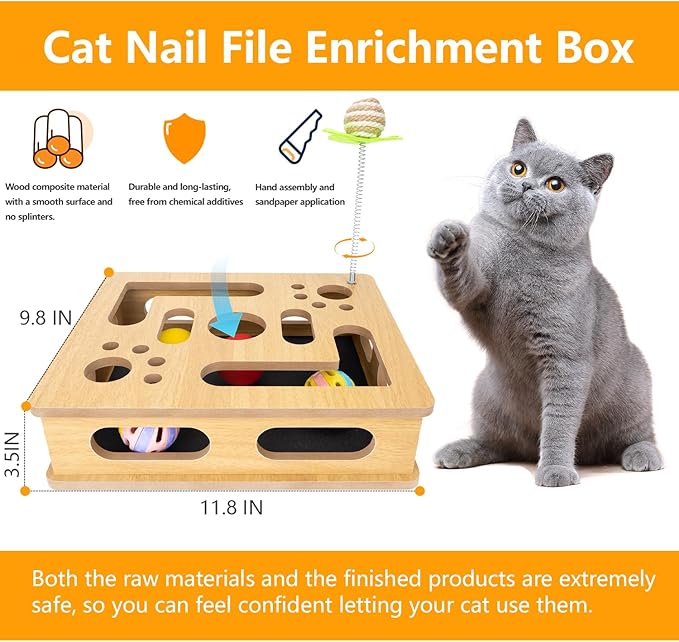 Cat Scratch Puzzle Enrichment Box,Cat Nail File Enrichment Box,No Assembly Required,Built-in Sandpaper Trims Your pet's Claws as They Play(Burlywood Color)
