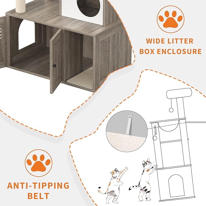 Modern Wooden Cat Tower with Hidden Litter Box Enclosure, Multi-Level Cat Condo, Scratching Posts, Cozy Hanging Basket & Toy, Durable Cat Tree Furniture for Indoor Cats, Smoke