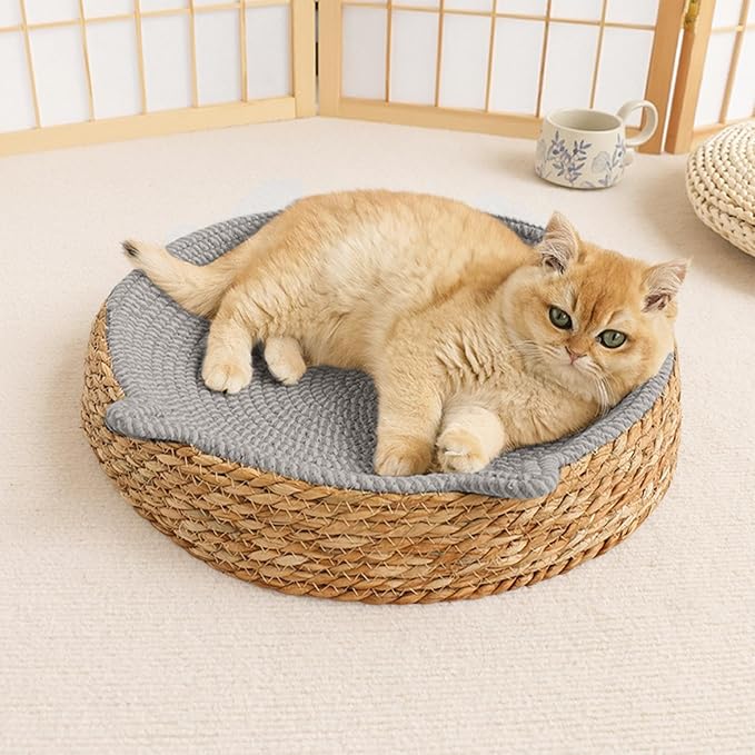 Woven Cat Scratch Bowl - Cotton Rope Round Cat Bed, Kitten Ear Design Scratching Board, Durable Claw Grinding Lounge Toy,