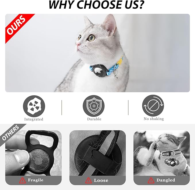 azuza AirTag Cat Collar Breakaway, Integrated Cat Collar with Air Tag Holder and Bell, Safety Lightweight Cat Tracker Collars for Kittens, Blue Plaid, Kittens (7"-9")