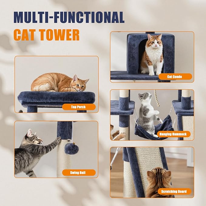 DUMOS 63 Inch Cat Tree Tower, Large Multi Level Cat Climbing Tower with Condo, Natural Sisal Scratching Posts, Extended Platform, Hammock, Pet House for Indoor Cats and Kittens Play, Dark Grey
