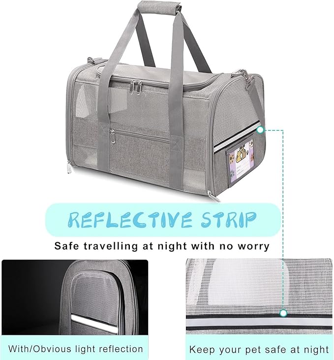 Airline Approved Cat Carrier Soft-Sided Pet Carrier for Cats and Small Dogs 17“ Under Seat Travel Carrier TSA Approved with Foldable Bowl Breathable Mesh Collapsible & Machine Washable, Grey