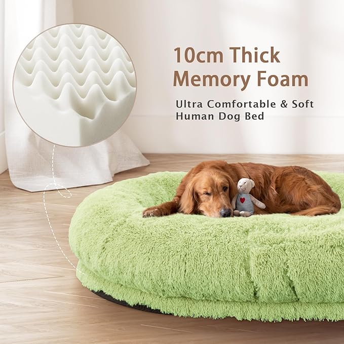 ROOMTEC Human Dog Bed, 71''x45''x12'' Size Fits Adult and Pet Washable Giant People Bed 10 CM Thick Memory Foam Large Oversize Pet Bed with Plump Pillow, Blanket, Strap - Green