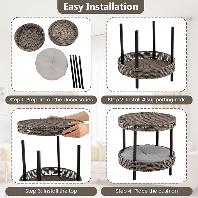 PETSITE Modern Wicker Cat Nest, 2-Tier Rattan Cat House w/Removable Padded Cushion, Round Platforms, Metal Frame, Indoor & Outdoor Raised Pet Shelter for Living Room, Bedroom, Porch
